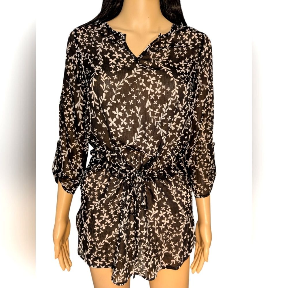 Black & White Floral Sheer Long Shirt Blouse XS by Sweet Grey